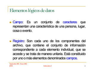 Elementos lógicos de datos

     Campo: Es un conjunto de caracteres que
     representan una característica de una persona, lugar,
     cosa o evento.

     Registro: Son cada uno de los componentes del
     archivo, que contiene el conjunto de información
     correspondiente a cada elemento individual, que se
     accede y se trata de manera unitaria. Está constituido
     por uno o más elementos denominados campos.
Septiembre 2011 - Enero 2012
JCSA                           Informática I             32
 