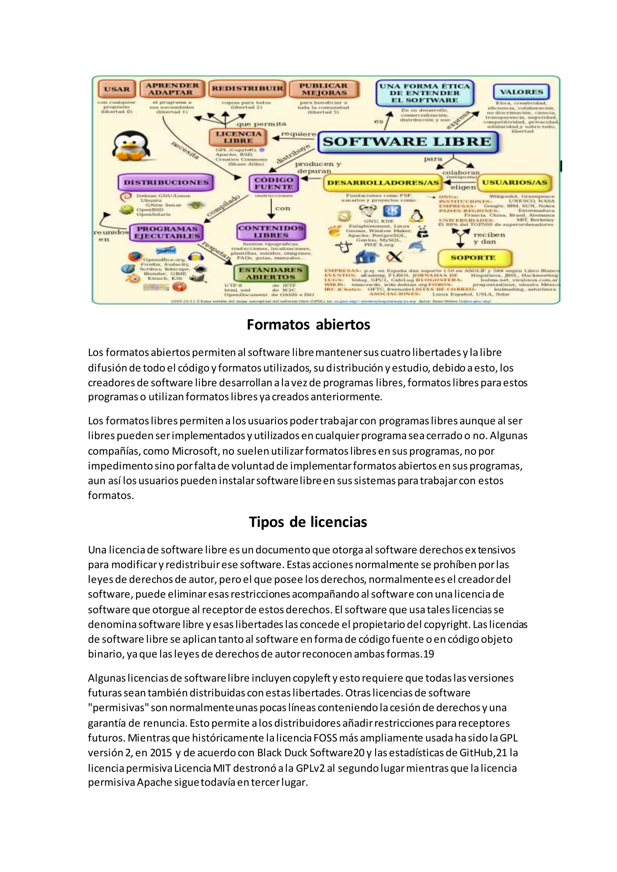 Formatos abiertos
Los formatosabiertospermitenal software libremantenersuscuatrolibertadesylalibre
difusiónde todoel códigoyformatosutilizados,sudistribuciónyestudio,debidoaesto,los
creadoresde software libre desarrollanalavezde programas libres,formatoslibresparaestos
programaso utilizanformatoslibresyacreadosanteriormente.
Los formatoslibrespermitenalosusuariospodertrabajarcon programaslibresaunque al ser
librespuedenserimplementadosyutilizadosencualquierprogramaseacerradoo no.Algunas
compañías,como Microsoft,no suelenutilizarformatoslibresensusprogramas,nopor
impedimentosinoporfaltade voluntadde implementarformatosabiertosensusprogramas,
aun así losusuariospuedeninstalarsoftwarelibreensussistemasparatrabajarcon estos
formatos.
Tipos de licencias
Una licenciade software libre esundocumentoque otorgaal software derechosextensivos
para modificaryredistribuirese software.Estasaccionesnormalmente se prohíbenporlas
leyesde derechosde autor,peroel que posee losderechos,normalmenteesel creadordel
software,puede eliminaresasrestriccionesacompañandoal software conunalicenciade
software que otorgue al receptorde estosderechos.El software que usataleslicenciasse
denominasoftware libre yesaslibertadeslasconcede el propietariodel copyright.Laslicencias
de software libre se aplicantantoal software enformade códigofuente oencódigoobjeto
binario,yaque lasleyesde derechosde autorreconocenambasformas.19
Algunaslicenciasde softwarelibre incluyencopyleftyestorequiere que todaslasversiones
futurasseantambiéndistribuidasconestaslibertades.Otraslicenciasde software
"permisivas"sonnormalmenteunaspocaslíneasconteniendolacesiónde derechosyuna
garantía de renuncia.Estopermite alosdistribuidoresañadirrestriccionesparareceptores
futuros. Mientrasque históricamente lalicenciaFOSSmásampliamente usadahasidolaGPL
versión2,en 2015 y de acuerdocon Black Duck Software20 y lasestadísticasde GitHub,21 la
licenciapermisivaLicenciaMIT destronóala GPLv2 al segundolugarmientrasque lalicencia
permisivaApache siguetodavíaentercerlugar.
 