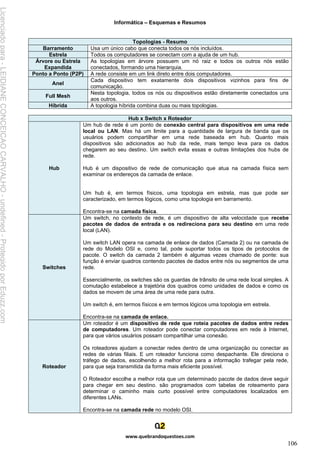 Informática – Esquemas e Resumos
www.quebrandoquestoes.com
106
Topologias - Resumo
Barramento Usa um único cabo que conecta todos os nós incluídos.
Estrela Todos os computadores se conectam com a ajuda de um hub.
Árvore ou Estrela
Expandida
As topologias em árvore possuem um nó raiz e todos os outros nós estão
conectados, formando uma hierarquia.
Ponto a Ponto (P2P) A rede consiste em um link direto entre dois computadores.
Anel
Cada dispositivo tem exatamente dois dispositivos vizinhos para fins de
comunicação.
Full Mesh
Nesta topologia, todos os nós ou dispositivos estão diretamente conectados uns
aos outros.
Híbrida A topologia híbrida combina duas ou mais topologias.
Hub x Switch x Roteador
Hub
Um hub de rede é um ponto de conexão central para dispositivos em uma rede
local ou LAN. Mas há um limite para a quantidade de largura de banda que os
usuários podem compartilhar em uma rede baseada em hub. Quanto mais
dispositivos são adicionados ao hub da rede, mais tempo leva para os dados
chegarem ao seu destino. Um switch evita essas e outras limitações dos hubs de
rede.
Hub é um dispositivo de rede de comunicação que atua na camada física sem
examinar os endereços da camada de enlace.
Um hub é, em termos físicos, uma topologia em estrela, mas que pode ser
caracterizado, em termos lógicos, como uma topologia em barramento.
Encontra-se na camada física.
Switches
Um switch, no contexto de rede, é um dispositivo de alta velocidade que recebe
pacotes de dados de entrada e os redireciona para seu destino em uma rede
local (LAN).
Um switch LAN opera na camada de enlace de dados (Camada 2) ou na camada de
rede do Modelo OSI e, como tal, pode suportar todos os tipos de protocolos de
pacote. O switch da camada 2 também é algumas vezes chamado de ponte: sua
função é enviar quadros contendo pacotes de dados entre nós ou segmentos de uma
rede.
Essencialmente, os switches são os guardas de trânsito de uma rede local simples. A
comutação estabelece a trajetória dos quadros como unidades de dados e como os
dados se movem de uma área de uma rede para outra.
Um switch é, em termos físicos e em termos lógicos uma topologia em estrela.
Encontra-se na camada de enlace.
Roteador
Um roteador é um dispositivo de rede que roteia pacotes de dados entre redes
de computadores. Um roteador pode conectar computadores em rede à Internet,
para que vários usuários possam compartilhar uma conexão.
Os roteadores ajudam a conectar redes dentro de uma organização ou conectar as
redes de várias filiais. E um roteador funciona como despachante. Ele direciona o
tráfego de dados, escolhendo a melhor rota para a informação trafegar pela rede,
para que seja transmitida da forma mais eficiente possível.
O Roteador escolhe a melhor rota que um determinado pacote de dados deve seguir
para chegar em seu destino. são programados com tabelas de roteamento para
determinar o caminho mais curto possível entre computadores localizados em
diferentes LANs.
Encontra-se na camada rede no modelo OSI.
Licenciado
para
-
LEIDIANE
CONCEICAO
CARVALHO
-
undefined
-
Protegido
por
Eduzz.com
 