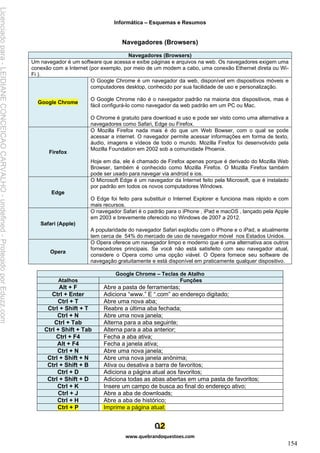 Informática – Esquemas e Resumos
www.quebrandoquestoes.com
154
Navegadores (Browsers)
Navegadores (Browsers)
Um navegador é um software que acessa e exibe páginas e arquivos na web. Os navegadores exigem uma
conexão com a Internet (por exemplo, por meio de um modem a cabo, uma conexão Ethernet direta ou Wi-
Fi ).
Google Chrome
O Google Chrome é um navegador da web, disponível em dispositivos móveis e
computadores desktop, conhecido por sua facilidade de uso e personalização.
O Google Chrome não é o navegador padrão na maioria dos dispositivos, mas é
fácil configurá-lo como navegador da web padrão em um PC ou Mac.
O Chrome é gratuito para download e uso e pode ser visto como uma alternativa a
navegadores como Safari, Edge ou Firefox.
Firefox
O Mozilla Firefox nada mais é do que um Web Bowser, com o qual se pode
acessar a internet. O navegador permite acessar informações em forma de texto,
áudio, imagens e vídeos de todo o mundo. Mozilla Firefox foi desenvolvido pela
Mozilla Foundation em 2002 sob a comunidade Phoenix.
Hoje em dia, ele é chamado de Firefox apenas porque é derivado do Mozilla Web
Browser, também é conhecido como Mozilla Firefox. O Mozilla Firefox também
pode ser usado para navegar via android e ios.
Edge
O Microsoft Edge é um navegador da Internet feito pela Microsoft, que é instalado
por padrão em todos os novos computadores Windows.
O Edge foi feito para substituir o Internet Explorer e funciona mais rápido e com
mais recursos.
Safari (Apple)
O navegador Safari é o padrão para o iPhone , iPad e macOS , lançado pela Apple
em 2003 e brevemente oferecido no Windows de 2007 a 2012.
A popularidade do navegador Safari explodiu com o iPhone e o iPad, e atualmente
tem cerca de 54% do mercado de uso de navegador móvel nos Estados Unidos.
Opera
O Opera oferece um navegador limpo e moderno que é uma alternativa aos outros
fornecedores principais. Se você não está satisfeito com seu navegador atual,
considere o Opera como uma opção viável. O Opera fornece seu software de
navegação gratuitamente e está disponível em praticamente qualquer dispositivo.
Google Chrome – Teclas de Atalho
Atalhos Funções
Alt + F Abre a pasta de ferramentas;
Ctrl + Enter Adiciona “www.” E “.com” ao endereço digitado;
Ctrl + T Abre uma nova aba;
Ctrl + Shift + T Reabre a última aba fechada;
Ctrl + N Abre uma nova janela;
Ctrl + Tab Alterna para a aba seguinte;
Ctrl + Shift + Tab Alterna para a aba anterior;
Ctrl + F4 Fecha a aba ativa;
Alt + F4 Fecha a janela ativa;
Ctrl + N Abre uma nova janela;
Ctrl + Shift + N Abre uma nova janela anônima;
Ctrl + Shift + B Ativa ou desativa a barra de favoritos;
Ctrl + D Adiciona a página atual aos favoritos;
Ctrl + Shift + D Adiciona todas as abas abertas em uma pasta de favoritos;
Ctrl + K Insere um campo de busca ao final do endereço ativo;
Ctrl + J Abre a aba de downloads;
Ctrl + H Abre a aba de histórico;
Ctrl + P Imprime a página atual;
Licenciado
para
-
LEIDIANE
CONCEICAO
CARVALHO
-
undefined
-
Protegido
por
Eduzz.com
 