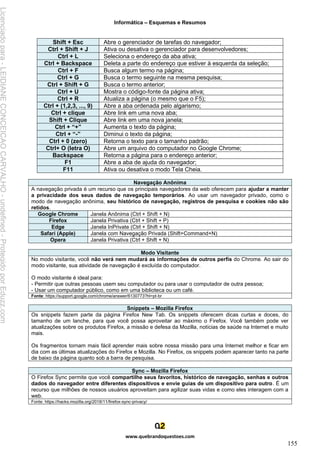 Informática – Esquemas e Resumos
www.quebrandoquestoes.com
155
Shift + Esc Abre o gerenciador de tarefas do navegador;
Ctrl + Shift + J Ativa ou desativa o gerenciador para desenvolvedores;
Ctrl + L Seleciona o endereço da aba ativa;
Ctrl + Backspace Deleta a parte do endereço que estiver à esquerda da seleção;
Ctrl + F Busca algum termo na página;
Ctrl + G Busca o termo seguinte na mesma pesquisa;
Ctrl + Shift + G Busca o termo anterior;
Ctrl + U Mostra o código-fonte da página ativa;
Ctrl + R Atualiza a página (o mesmo que o F5);
Ctrl + (1,2,3, ..., 9) Abre a aba ordenada pelo algarismo;
Ctrl + clique Abre link em uma nova aba;
Shift + Clique Abre link em uma nova janela;
Ctrl + “+” Aumenta o texto da página;
Ctrl + “-” Diminui o texto da página;
Ctrl + 0 (zero) Retorna o texto para o tamanho padrão;
Ctrl+ O (letra O) Abre um arquivo do computador no Google Chrome;
Backspace Retorna a página para o endereço anterior;
F1 Abre a aba de ajuda do navegador;
F11 Ativa ou desativa o modo Tela Cheia.
Navegação Anônima
A navegação privada é um recurso que os principais navegadores da web oferecem para ajudar a manter
a privacidade dos seus dados de navegação temporários. Ao usar um navegador privado, como o
modo de navegação anônima, seu histórico de navegação, registros de pesquisa e cookies não são
retidos.
Google Chrome Janela Anônima (Ctrl + Shift + N)
Firefox Janela Privativa (Ctrl + Shift + P)
Edge Janela InPrivate (Ctrl + Shift + N)
Safari (Apple) Janela com Navegação Privada (Shift+Command+N)
Opera Janela Privativa (Ctrl + Shift + N)
Modo Visitante
No modo visitante, você não verá nem mudará as informações de outros perfis do Chrome. Ao sair do
modo visitante, sua atividade de navegação é excluída do computador.
O modo visitante é ideal para:
- Permitir que outras pessoas usem seu computador ou para usar o computador de outra pessoa;
- Usar um computador público, como em uma biblioteca ou um café.
Fonte: https://support.google.com/chrome/answer/6130773?hl=pt-br
Snippets – Mozilla Firefox
Os snippets fazem parte da página Firefox New Tab. Os snippets oferecem dicas curtas e doces, do
tamanho de um lanche, para que você possa aproveitar ao máximo o Firefox. Você também pode ver
atualizações sobre os produtos Firefox, a missão e defesa da Mozilla, notícias de saúde na Internet e muito
mais.
Os fragmentos tornam mais fácil aprender mais sobre nossa missão para uma Internet melhor e ficar em
dia com as últimas atualizações do Firefox e Mozilla. No Firefox, os snippets podem aparecer tanto na parte
de baixo da página quanto sob a barra de pesquisa.
Sync – Mozilla Firefox
O Firefox Sync permite que você compartilhe seus favoritos, histórico de navegação, senhas e outros
dados do navegador entre diferentes dispositivos e envie guias de um dispositivo para outro. É um
recurso que milhões de nossos usuários aproveitam para agilizar suas vidas e como eles interagem com a
web.
Fonte: https://hacks.mozilla.org/2018/11/firefox-sync-privacy/
Licenciado
para
-
LEIDIANE
CONCEICAO
CARVALHO
-
undefined
-
Protegido
por
Eduzz.com
 