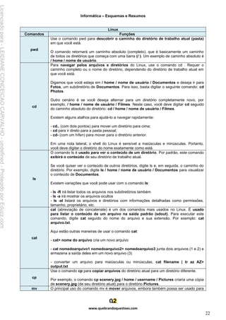Informática – Esquemas e Resumos
www.quebrandoquestoes.com
22
Linux
Comandos Funções
pwd
Use o comando pwd para descobrir o caminho do diretório de trabalho atual (pasta)
em que você está.
O comando retornará um caminho absoluto (completo), que é basicamente um caminho
de todos os diretórios que começa com uma barra (/ ). Um exemplo de caminho absoluto é
/ home / nome de usuário.
cd
Para navegar pelos arquivos e diretórios do Linux, use o comando cd . Requer o
caminho completo ou o nome do diretório, dependendo do diretório de trabalho atual em
que você está.
Digamos que você esteja em / home / nome de usuário / Documentos e deseja ir para
Fotos, um subdiretório de Documentos. Para isso, basta digitar o seguinte comando: cd
Photos.
Outro cenário é se você deseja alternar para um diretório completamente novo, por
exemplo, / home / nome de usuário / Filmes. Neste caso, você deve digitar cd seguido
do caminho absoluto do diretório: cd / home / nome de usuário / Filmes.
Existem alguns atalhos para ajudá-lo a navegar rapidamente:
- cd.. (com dois pontos) para mover um diretório para cima;
- cd para ir direto para a pasta pessoal;
- cd- (com um hífen) para mover para o diretório anterior.
Em uma nota lateral, o shell do Linux é sensível a maiúsculas e minúsculas. Portanto,
você deve digitar o diretório do nome exatamente como está.
ls
O comando ls é usado para ver o conteúdo de um diretório. Por padrão, este comando
exibirá o conteúdo de seu diretório de trabalho atual.
Se você quiser ver o conteúdo de outros diretórios, digite ls e, em seguida, o caminho do
diretório. Por exemplo, digite ls / home / nome de usuário / Documentos para visualizar
o conteúdo de Documentos.
Existem variações que você pode usar com o comando ls:
- ls -R irá listar todos os arquivos nos subdiretórios também
- ls -a irá mostrar os arquivos ocultos
- ls -al listará os arquivos e diretórios com informações detalhadas como permissões,
tamanho, proprietário, etc.
cat
cat (abreviação de concatenate) é um dos comandos mais usados no Linux. É usado
para listar o conteúdo de um arquivo na saída padrão (sdout). Para executar este
comando, digite cat seguido do nome do arquivo e sua extensão. Por exemplo: cat
arquivo.txt.
Aqui estão outras maneiras de usar o comando cat:
- cat> nome do arquivo cria um novo arquivo
- cat nomedoarquivo1 nomedoarquivo2> nomedoarquivo3 junta dois arquivos (1 e 2) e
armazena a saída deles em um novo arquivo (3)
- converter um arquivo para maiúsculas ou minúsculas, cat filename | tr az AZ>
output.txt
cp
Use o comando cp para copiar arquivos do diretório atual para um diretório diferente.
Por exemplo, o comando cp scenery.jpg / home / username / Pictures criaria uma cópia
de scenery.jpg (de seu diretório atual) para o diretório Pictures.
mv O principal uso do comando mv é mover arquivos, embora também possa ser usado para
Licenciado
para
-
LEIDIANE
CONCEICAO
CARVALHO
-
undefined
-
Protegido
por
Eduzz.com
 