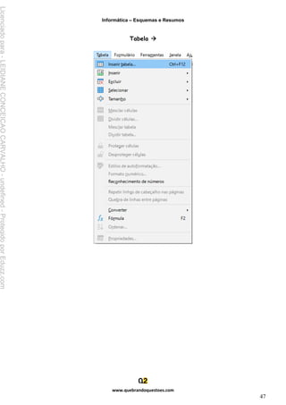 Informática – Esquemas e Resumos
www.quebrandoquestoes.com
47
Tabela →
Licenciado
para
-
LEIDIANE
CONCEICAO
CARVALHO
-
undefined
-
Protegido
por
Eduzz.com
 