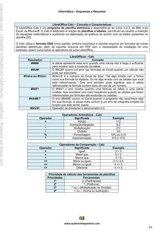 Informática – Esquemas e Resumos
www.quebrandoquestoes.com
61
LibreOffice Calc – Conceito e Características
O LibreOffice Calc é um programa de planilha eletrônica e assemelha-se ao Lotus 1-2-3, da IBM, e ao
Excel, da Microsoft. O Calc é destinado à criação de planilhas e tabelas, permitindo ao usuário a inserção
de equações matemáticas e auxiliando na elaboração de gráficos de acordo com os dados presentes na
planilha.[30]
O Calc utiliza o formato ODS como padrão, embora reconheça e exporte arquivos em formatos de outras
planilhas eletrônicas, além de exportar arquivos em PDF sem a necessidade de instalação de uma
extensão, assim como todos os aplicativos da suíte LibreOffice.
LibreOfficce - Calc
Resutados Conceito
##### A célula apresenta esse erro quando uma coluna não é larga o suficiente
para mostrar todo o conteúdo da célula.
#NUM O #NUM! ocorre um erro nas fórmulas do Excel quando um cálculo não
pode ser executado.
#Value ou #Valor #VALUE é a maneira do Excel de dizer: "Há algo errado com a forma
como sua fórmula foi digitada. Ou há algo errado com as células que você
está referenciando." Este erro também pode significar que a célula
referenciada na fórmula contém texto em vez de um número.
#REF! O #REF! o erro mostra quando uma fórmula se refere a uma célula
inválida. Isso acontece com mais frequência quando as células que foram
referenciadas por fórmulas são excluídas ou coladas.
#NAME? O erro #NAME ocorre no Excel quando o programa não reconhece algo
em sua fórmula. A causa mais comum é um erro de ortografia simples da
função que está sendo usada.
#DIV/0! Operador de divisão/se o denominador é 0.
Operadores Aritméticos - Calc
Operador Significado Exemplo
+ Adição 1+2
- Subtração/Negação 5-2
* Multiplicação 2*2
/ Divisão 3/3
% Porcentagem 10% ou 0,10
^ Exponenciação 3^2 (= 3*3)
Operadores de Comparação - Calc
Operador Significado Exemplo
= Igual 3 = 3
> Maior que 5 > 2
< Menor que 3 < 6
>= Maior ou igual 3 >= 2,5
<= Menor ou igual 4 <= 5
<> Diferente 4 <> 5
Prioridade de cálculo das ferramentas de planilhas
Prioridades Ferramentas
1º (); (Parênteses)
2º ^; (Potência)
3º * ou /; (Multiplicação ou Divisão)
4º + ou -; (Soma ou subtração)
Licenciado
para
-
LEIDIANE
CONCEICAO
CARVALHO
-
undefined
-
Protegido
por
Eduzz.com
 