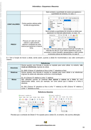 Informática – Esquemas e Resumos
www.quebrandoquestoes.com
66
Será contado a quantidade de vezes que aparece a
quantidade de números, no caso, 3.
CONT.VALORES
Conta quantos valores estão
na lista de argumentos.
Será contado a quantidade de números ou letras que
aparecem no intervalo selecionado, no caso, 10.
PROCV
Procura um valor em uma
coluna e, após acha-lo,
retoma o conteúdo de outra
coluna que pertence à mesma
linha.
No caso, a fórmula colocou para procurar por Carvalho no
intervalo A2 até C5. E por último especificou que ao
encontrar o nome Carvalho, apresentasse o valor contido
na terceira coluna da mesma linha, no caso 8.
$ = Tem a função de travar a célula, sendo assim, quando a célula for movimentada o seu valor continuará o
mesmo.
Referências
Absolutas
Ocorre quando uma fórmula é movida ou copiada para outra célula, no entanto, não
muda as referências originais da célula.
Ex: $A$1 (Coluna “A” absoluta ou fixa e Linha “1” absoluta ou fixa)
Relativas Ocorre quando uma fórmula é movida ou copiada para outra célula e as referências
originais da célula são alteradas conforme a movimentação.
Ex: A1 (Coluna “A” relativa e Linha “1” relativa)
Mistas São utilizadas quando se pretende fixar apenas a coluna ou a linha de uma
determinada célula, como por exemplo, em uma coluna que é relativa e a linha é
absoluta.
Ex: $A1 (Coluna “A” absoluta ou fixa e Linha “1” relativa) ou A$1 (Coluna “A” relativa e
Linha “1” absoluta ou fixa)
Referência Absoluta
Perceba que o conteúdo da Célula C1 foi copiado para a célula C5, no entanto, não ocorreu alteração.
Licenciado
para
-
LEIDIANE
CONCEICAO
CARVALHO
-
undefined
-
Protegido
por
Eduzz.com
 