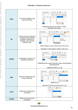 Informática – Esquemas e Resumos
www.quebrandoquestoes.com
99
MOD
Traz como resultado o que
sobrou da divisão
MOD(Numerador;denominador) = Resto.
3/2 sobra como resto 1.
SE
Trata-se de uma condicional.
Se determinada condição
acontecer, aceita-se um
resultado, caso contrário
aceita-se outro.
SE(2=3;Então eu corro; Se não for eu não corro)
Resultado: 2 não é igual 3, então eu não corro.
ARRED
Arredonda um número com
exatidão pré-definida.
=ARRED(Numero;casas decimais a serem arredondadas):
Arredondamento.
=ARRED(3,5634;2) = 3,56.
MED
Retorna a mediana de uma
amostra oferecida.
=MED(A1:C4)
(4+5+6+7+7+8+9+10+4+5+6+7)/12 = 6,5
HOJE
Determina a data atual do
computador
AGORA
Determina a hora atual do
computador.
Licenciado
para
-
LEIDIANE
CONCEICAO
CARVALHO
-
undefined
-
Protegido
por
Eduzz.com
 