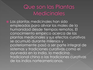    Las plantas medicinales han sido
    empleadas para aliviar los males de la
    humanidad desde tiempos remotos. El
    conocimiento empírico acerca de las
    plantas medicinales y sus efectos curativos
    se acumuló durante milenios y
    posteriormente pasó a ser parte integral de
    sistemas y tradiciones curativas como el
    ayurveda en la India, la medicina
    tradicional china o las tradiciones curativas
    de los indios norteamericanos.
 