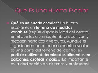   Qué es un huerto escolar? Un huerto
    escolar es un terreno de medidas
    variables (según disponibilidad del centro)
    en el que los alumnos siembran, cultivan y
    recogen hortalizas y verduras. Aunque el
    lugar idóneo para tener un huerto escolar
    es una parte del terreno del centro, es
    posible cultivar determinados alimentos en
    balcones, azoteas y cajas. ¡Lo importante
    es la dedicación de alumnos y profesores!
 
