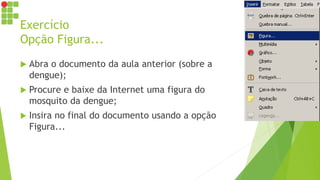 Exercício
Opção Figura...
 Abra o documento da aula anterior (sobre a
dengue);
 Procure e baixe da Internet uma figura do
mosquito da dengue;
 Insira no final do documento usando a opção
Figura...
 