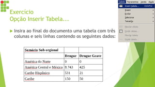 Exercício
Opção Inserir Tabela...
 Insira ao final do documento uma tabela com três
colunas e seis linhas contendo os seguintes dados:
 