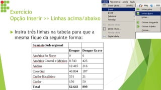 Exercício
Opção Inserir >> Linhas acima/abaixo
 Insira três linhas na tabela para que a
mesma fique da seguinte forma:
 
