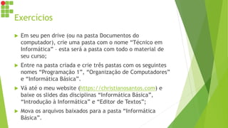 Exercícios
 Em seu pen drive (ou na pasta Documentos do
computador), crie uma pasta com o nome “Técnico em
Informática” – esta será a pasta com todo o material de
seu curso;
 Entre na pasta criada e crie três pastas com os seguintes
nomes “Programação 1”, “Organização de Computadores”
e “Informática Básica”.
 Vá até o meu website (https://christianosantos.com) e
baixe os slides das disciplinas “Informática Básica”,
“Introdução à Informática” e “Editor de Textos”;
 Mova os arquivos baixados para a pasta “Informática
Básica”.
 