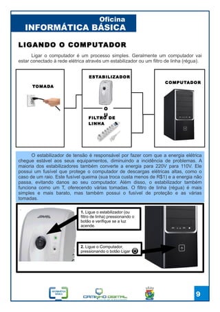 INFORMÁTICA BÁSICA
Oficina
9
.
LIGANDO O COMPUTADOR
Ligar o computador é um processo simples. Geralmente um computador vai
estar conectado à rede elétrica através um estabilizador ou um filtro de linha (régua).
TOMADA
COMPUTADOR
ESTABILIZADOR
FILTRO DE
LINHA
O
U
O estabilizador de tensão é responsável por fazer com que a energia elétrica
chegue estável aos seus equipamentos, diminuindo a incidência de problemas. A
maioria dos estabilizadores também converte a energia para 220V para 110V. Ele
possui um fusível que protege o computador de descargas elétricas altas, como o
caso de um raio. Este fusível queima (sua troca custa menos de R$1) e a energia não
passa, evitando danos ao seu computador. Além disso, o estabilizador também
funciona como um T, oferecendo várias tomadas. O filtro de linha (régua) é mais
simples e mais barato, mas também possui o fusível de proteção e as várias
tomadas.
1. Ligue o estabilizador (ou
filtro de linha) pressionando o
botão e verifique se a luz
acende.
2. Ligue o Computador,
pressionando o botão Ligar
 