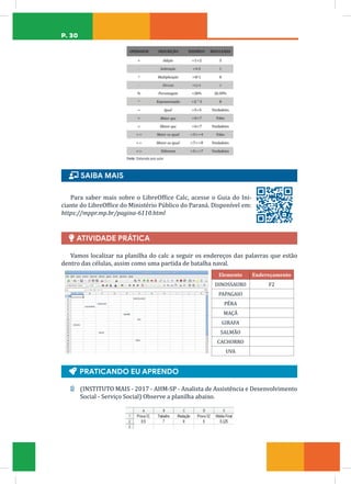 P. 30
Fonte: Elaborada pelo autor
ɦ SAIBA MAIS
Para saber mais sobre o LibreOffice Calc, acesse o Guia do Ini-
ciante do LibreOffice do Ministério Público do Paraná. Disponível em:
https://mppr.mp.br/pagina-6110.html
Ï ATIVIDADE PRÁTICA
Vamos localizar na planilha do calc a seguir os endereços das palavras que estão
dentro das células, assim como uma partida de batalha naval.
Elemento Endereçamento
DINOSSAURO F2
PAPAGAIO
PÊRA
MAÇÃ
GIRAFA
SALMÃO
CACHORRO
UVA
DINOSSAURO
CACHORRO
GIRAFA
PAPAGAIO
MAÇÃ
SALMÃO
UVA
PÊRA
Ą PRATICANDO EU APRENDO
1) (INSTITUTO MAIS - 2017 - AHM-SP - Analista de Assistência e Desenvolvimento
Social - Serviço Social) Observe a planilha abaixo.
 