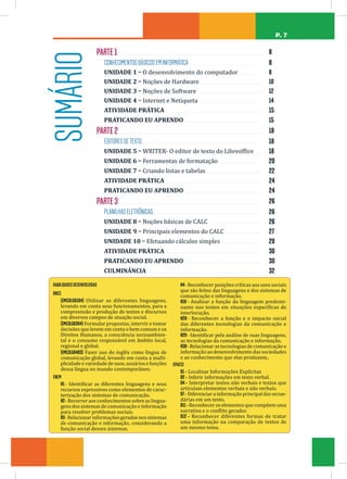 P. 7
SUMÁRIO
HABILIDADESDESENVOLVIDAS
BNCC
(EM13LGG104) Utilizar as diferentes linguagens,
levando em conta seus funcionamentos, para a
compreensão e produção de textos e discursos
em diversos campos de atuação social.
(EM13LGG304) Formular propostas, intervir e tomar
decisões que levem em conta o bem comum e os
Direitos Humanos, a consciência socioambien-
tal e o consumo responsável em âmbito local,
regional e global.
(EM13LGG403) Fazer uso do inglês como língua de
comunicação global, levando em conta a multi-
plicidade e variedade de usos, usuários e funções
dessa língua no mundo contemporâneo.
ENEM
H1 - Identificar as diferentes linguagens e seus
recursos expressivos como elementos de carac-
terização dos sistemas de comunicação.
H2- Recorrer aos conhecimentos sobre as lingua-
gens dos sistemas de comunicação e informação
para resolver problemas sociais.
H3- Relacionar informações geradas nos sistemas
de comunicação e informação, considerando a
função social desses sistemas.
H4- Reconhecer posições críticas aos usos sociais
que são feitos das linguagens e dos sistemas de
comunicação e informação.
H19 - Analisar a função da linguagem predomi-
nante nos textos em situações específicas de
interlocução.
H28 - Reconhecer a função e o impacto social
das diferentes tecnologias da comunicação e
informação.
H29- Identificar pela análise de suas linguagens,
as tecnologias da comunicação e informação.
H30- Relacionar as tecnologias de comunicação e
informação ao desenvolvimento das sociedades
e ao conhecimento que elas produzem..
SPAECE
D1– Localizar Informações Explícitas
D2– Inferir informações em texto verbal.
D4 – Interpretar textos não verbais e textos que
articulam elementos verbais e não verbais.
D7– Diferenciar a informação principal das secun-
dárias em um texto.
D11– Reconheceroselementosquecompõemuma
narrativa e o conflito gerador.
D12 – Reconhecer diferentes formas de tratar
uma informação na comparação de textos de
um mesmo tema.
PARTE1.. . . . . . . . . . . . . . . . . . . . . . . . . . . . . . . . . . . . . . . . . . . . . . . . . . . . . . . . . . . . . . . . . . . . . . . . . . . . . . . . . . . . . . . . . . . . . . . . . . . . . . . . . . . . . . . . . . . . . . . . . . . . . .
8
CONHECIMENTOSBÁSICOSEMINFORMÁTICA.. . . . . . . . . . . . . . . . . . . . . . . . . . . . . . . . . . . . . . . . . . . . . . . . . . . . . . . . . . . . . . . 8
UNIDADE 1 – O desenvolvimento do computador . . . . . . . . . . . . . . . . . . . . 8
UNIDADE 2 – Noções de Hardware . . . . . . . . . . . . . . . . . . . . . . . . . . . . . . . . . . . . . . . . . . . . . . . . . . . . . . 10
UNIDADE 3 – Noções de Software . . . . . . . . . . . . . . . . . . . . . . . . . . . . . . . . . . . . . . . . . . . . . . . . . . . . . . . . 12
UNIDADE 4 – Internet e Netiqueta . . . . . . . . . . . . . . . . . . . . . . . . . . . . . . . . . . . . . . . . . . . . . . . . . . . . . . . 14
ATIVIDADE PRÁTICA . . . . . . . . . . . . . . . . . . . . . . . . . . . . . . . . . . . . . . . . . . . . . . . . . . . . . . . . . . . . . . . . . . . . . . . . . . . . . . . . . . . . 15
PRATICANDO EU APRENDO . . . . . . . . . . . . . . . . . . . . . . . . . . . . . . . . . . . . . . . . . . . . . . . . . . . . . . . . . . . . . . . . . . . 15
PARTE2. . . . . . . . . . . . . . . . . . . . . . . . . . . . . . . . . . . . . . . . . . . . . . . . . . . . . . . . . . . . . . . . . . . . . . . . . . . . . . . . . . . . . . . . . . . . . . . . . . . . . . . . . . . . . . . . . . . . . . . . . . . .
18
EDITORESDETEXTO. . . . . . . . . . . . . . . . . . . . . . . . . . . . . . . . . . . . . . . . . . . . . . . . . . . . . . . . . . . . . . . . . . . . . . . . . . . . . . . . . . . . . . . . . . . . . . . . . . . . . . . . 18
UNIDADE 5 – WRITER- O editor de texto do Libreoffice . . . . . . . 18
UNIDADE 6 – Ferramentas de formatação . . . . . . . . . . . . . . . . . . . . . . . . . . . . . . . . . . . . . . 20
UNIDADE 7 – Criando listas e tabelas . . . . . . . . . . . . . . . . . . . . . . . . . . . . . . . . . . . . . . . . . . . . . . . . 22
ATIVIDADE PRÁTICA . . . . . . . . . . . . . . . . . . . . . . . . . . . . . . . . . . . . . . . . . . . . . . . . . . . . . . . . . . . . . . . . . . . . . . . . . . . . . . . . . . . . 24
PRATICANDO EU APRENDO . . . . . . . . . . . . . . . . . . . . . . . . . . . . . . . . . . . . . . . . . . . . . . . . . . . . . . . . . . . . . . . . . . . 24
PARTE3. . . . . . . . . . . . . . . . . . . . . . . . . . . . . . . . . . . . . . . . . . . . . . . . . . . . . . . . . . . . . . . . . . . . . . . . . . . . . . . . . . . . . . . . . . . . . . . . . . . . . . . . . . . . . . . . . . . . . . . . . . . .
26
PLANILHASELETRÔNICAS. . . . . . . . . . . . . . . . . . . . . . . . . . . . . . . . . . . . . . . . . . . . . . . . . . . . . . . . . . . . . . . . . . . . . . . . . . . . . . . . . . . . . . . . . . . . . . 26
UNIDADE 8 – Noções básicas de CALC . . . . . . . . . . . . . . . . . . . . . . . . . . . . . . . . . . . . . . . . . . . . . . 26
UNIDADE 9 – Principais elementos do CALC . . . . . . . . . . . . . . . . . . . . . . . . . . . . . . . . 27
UNIDADE 10 – Efetuando cálculos simples. . . . . . . . . . . . . . . . . . . . . . . . . . . . . . . . . . . . . 29
ATIVIDADE PRÁTICA . . . . . . . . . . . . . . . . . . . . . . . . . . . . . . . . . . . . . . . . . . . . . . . . . . . . . . . . . . . . . . . . . . . . . . . . . . . . . . . . . . . . 30
PRATICANDO EU APRENDO.. . . . . . . . . . . . . . . . . . . . . . . . . . . . . . . . . . . . . . . . . . . . . . . . . . . . . . . . . . . . . . . . . . . . 30
CULMINÂNCIA .. . . . . . . . . . . . . . . . . . . . . . . . . . . . . . . . . . . . . . . . . . . . . . . . . . . . . . . . . . . . . . . . . . . . . . . . . . . . . . . . . . . . . . . . . . . . . . . . . . . 32
 