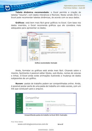 Informática para Iniciantes
Prof Victor Dalton Aula 00
Prof. Victor Dalton
www.estrategiaconcursos.com.br 14 de 27
Tabela dinâmica recomendada: o Excel permite a criação de
Excel pode recomendar tabelas dinâmicas, de acordo com os seus dados.
Gráficos: está bem mais fácil gerar gráficos no Excel. Com base nos
dados inseridos, o Excel recomenda gráficos que ele considera mais
adequados para apresentar os dados.
Gráficos recomendados: ilustração
Ainda, formatar os gráficos está ainda mais fácil. Clicando sobre o
mesmo, facilmente é possível editar títulos, sub-títulos, nomes de colunas
e linhas. O Excel ainda exibe animações ilustrando a mudança de dados
subjacentes de um gráfico.
Nuvem: pastas de trabalho podem ser compartilhadas online. Ainda,
é possível postar parte de uma pasta de trabalho em redes sociais, com um
link que conduzam para o arquivo.
Compartilhando pastas de trabalho no Excel 2013: ilustração.
00000000000
00000000000 - DEMO
 