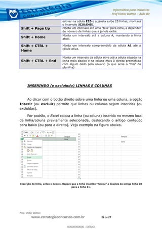 Informática para Iniciantes
Prof Victor Dalton Aula 00
Prof. Victor Dalton
www.estrategiaconcursos.com.br 26 de 27
estiver na célula E20 e a janela exibe 25 linhas, montará
o intervalo (E20:E45).
Shift + Page Up Monta um intervalo até
do número de linhas que a janela exibe.
Shift + Home
Monta um intervalo até a coluna A, mantendo a linha
atual.
Shift + CTRL +
Home
Monta um intervalo compreendido da célula A1 até a
célula ativa.
Shift + CTRL + End
Monta um intervalo da célula ativa até a célula situada na
linha mais abaixo e na coluna mais à direita preenchida
planilha)
INSERINDO (e excluindo) LINHAS E COLUNAS
Ao clicar com o botão direito sobre uma linha ou uma coluna, a opção
Inserir (ou excluir) permite que linhas ou colunas sejam inseridas (ou
excluídas).
Por padrão, o Excel coloca a linha (ou coluna) inserida no mesmo local
da linha/coluna previamente selecionada, deslocando o antigo conteúdo
para baixo (ou para a direita). Veja exemplo na figura abaixo.
Inserção de linha, antes e depois
para a linha 21.
00000000000
00000000000 - DEMO
 
