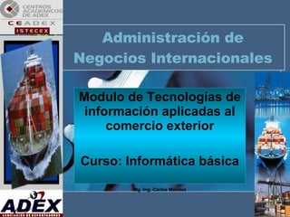 Administración de Negocios Internacionales Modulo de Tecnologías de información aplicadas al comercio exterior Curso: Informática básica Mg. Ing. Carlos Mendez 