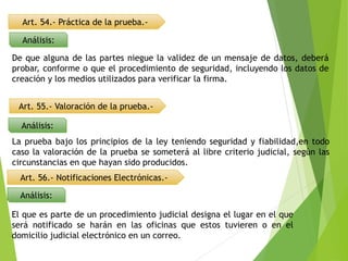 Art. 54.- Práctica de la prueba.-
Análisis:
De que alguna de las partes niegue la validez de un mensaje de datos, deberá
probar, conforme o que el procedimiento de seguridad, incluyendo los datos de
creación y los medios utilizados para verificar la firma.
Art. 55.- Valoración de la prueba.-
Análisis:
La prueba bajo los principios de la ley teniendo seguridad y fiabilidad,en todo
caso la valoración de la prueba se someterá al libre criterio judicial, según las
circunstancias en que hayan sido producidos.
Art. 56.- Notificaciones Electrónicas.-
Análisis:
El que es parte de un procedimiento judicial designa el lugar en el que
será notificado se harán en las oficinas que estos tuvieren o en el
domicilio judicial electrónico en un correo.
 