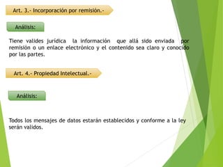 Art. 3.- Incorporación por remisión.-
Análisis:
Tiene valides jurídica la información que allá sido enviada por
remisión o un enlace electrónico y el contenido sea claro y conocido
por las partes.
Art. 4.- Propiedad Intelectual.-
Análisis:
Todos los mensajes de datos estarán establecidos y conforme a la ley
serán validos.
 