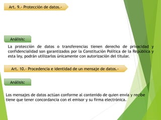 Art. 9.- Protección de datos.-
Análisis:
Análisis:
Art. 10.- Procedencia e identidad de un mensaje de datos.-
La protección de datos o transferencias tienen derecho de privacidad y
confidencialidad son garantizados por la Constitución Política de la República y
esta ley, podrán utilizarlos únicamente con autorización del titular.
Los mensajes de datos actúan conforme al contenido de quien envía y recibe
tiene que tener concordancia con el emisor y su firma electrónica.
 