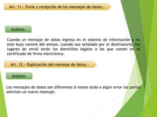 Art. 11.- Envío y recepción de los mensajes de datos.-
Análisis:
Cuando un mensaje de datos ingresa en el sistema de información y no
este bajo control del emisor, cuando sea señalado por el destinatario, los
lugares de envió serán los domicilios legales o los que conste en el
certificado de firma electrónica.
Art. 12.- Duplicación del mensaje de datos.-
Análisis:
Los mensajes de datos son diferentes si existe duda o algún error las partes
solicitan un nuevo mensaje.
 