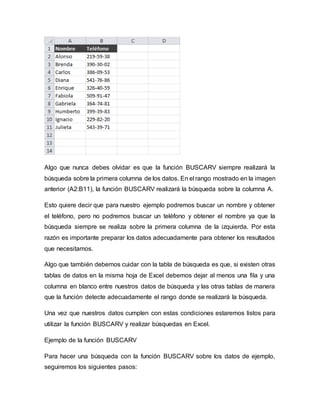 Algo que nunca debes olvidar es que la función BUSCARV siempre realizará la
búsqueda sobre la primera columna de los datos. En el rango mostrado en la imagen
anterior (A2:B11), la función BUSCARV realizará la búsqueda sobre la columna A.
Esto quiere decir que para nuestro ejemplo podremos buscar un nombre y obtener
el teléfono, pero no podremos buscar un teléfono y obtener el nombre ya que la
búsqueda siempre se realiza sobre la primera columna de la izquierda. Por esta
razón es importante preparar los datos adecuadamente para obtener los resultados
que necesitamos.
Algo que también debemos cuidar con la tabla de búsqueda es que, si existen otras
tablas de datos en la misma hoja de Excel debemos dejar al menos una fila y una
columna en blanco entre nuestros datos de búsqueda y las otras tablas de manera
que la función detecte adecuadamente el rango donde se realizará la búsqueda.
Una vez que nuestros datos cumplen con estas condiciones estaremos listos para
utilizar la función BUSCARV y realizar búsquedas en Excel.
Ejemplo de la función BUSCARV
Para hacer una búsqueda con la función BUSCARV sobre los datos de ejemplo,
seguiremos los siguientes pasos:
 