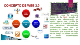 Es un concepto que se acuñó
en 2003 y que se refiere al
fenómeno social surgido a
partir del desarrollo de diversas
aplicaciones en Internet. El
término establece una
distinción entre la primera
época de la Web (donde el
usuario era básicamente un
sujeto pasivo que recibía la
información o la publicaba, sin
que existieran demasiadas
posibilidades para que se
generara la interacción) y la
revolución que supuso el auge
de los blogs, las redes sociales
y otras herramientas
relacionadas.
 