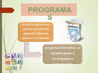 Se trata de aplicaciones y
recursos que permiten
desarrollar diferentes
tareas en un ordenador
Para desarrollar un
programa informático, se
necesita apelar a
los lenguajes e
comunicación
 
