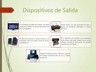 Es el dispositivo de salida que mediante una interfaz
muestra los resultados o los gráficos del procesamiento
de una computadora.
Permite producir una copia permanente de textos o
gráficos de documentos almacenados en formato
electrónico
Se utilizan para escuchar los sonidos emitidos por la
computadora, tales como música, sonidos de errores,
conferencias, etc.
Es un dispositivo que conectado a una computadora
puede dibujar sobre papel cualquier tipo de gráfico
mediante el trazado de líneas gracias a las plumillas
retraibles de las que dispone.
Dispositivo mediante el cual se imprime una copia de
otro impreso, transmitida o bien, vía teléfono, o desde
el propio fax.
 
