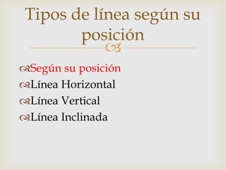 
Según su posición
Línea Horizontal
Línea Vertical
Línea Inclinada
Tipos de línea según su
posición
 