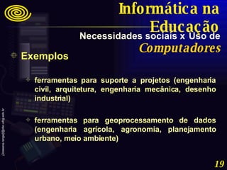 Exemplos ferramentas para suporte a projetos (engenharia civil, arquitetura, engenharia mecânica, desenho industrial) ferramentas para geoprocessamento de dados (engenharia agrícola, agronomia, planejamento urbano, meio ambiente) Necessidades sociais x   Uso de   Computadores Informática na Educação 