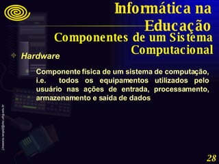 Hardware Componente física de um sistema de computação, i.e.  todos os equipamentos utilizados pelo usuário nas ações de entrada, processamento, armazenamento e saída de dados Componentes de um Sistema Computacional Informática na Educação 