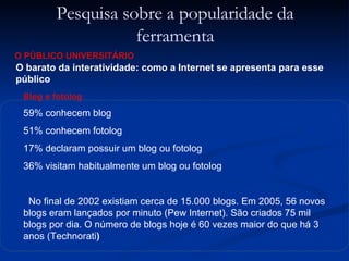 Blog e fotolog 59% conhecem blog 51% conhecem fotolog 17% declaram possuir um blog ou fotolog 36% visitam habitualmente um blog ou fotolog No final de 2002 existiam cerca de 15.000 blogs. Em 2005, 56 novos blogs eram lançados por minuto (Pew Internet). São criados 75 mil blogs por dia. O número de blogs hoje é 60 vezes maior do que há 3 anos (Technorati ) O barato da interatividade: como a Internet se apresenta para esse público Pesquisa sobre a popularidade da ferramenta O PÚBLICO UNIVERSITÁRIO 