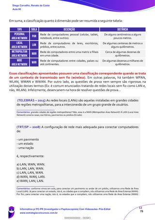 12
73
Em suma, a classificação quanto à dimensão pode ser resumida a seguinte tabela:
TIPO SIGLA DESCRIÇÃO DISTÂNCIA
PERSONAL
AREANETWORK
PAN
Rede de computadores pessoal (celular, tablet,
notebook, entre outros).
De alguns centímetros a alguns
poucos metros.
LOCAL
AREANETWORK
LAN
Rede de computadores de lares, escritórios,
prédios, entre outros.
De algumas centenas de metros a
alguns quilômetros.
METROPOLITAN
AREANETWORK
MAN
Rede de computadores entre uma matriz e filiais
em uma cidade.
Cerca de algumas dezenas de
quilômetros.
WIDE
AREANETWORK
WAN
Rede de computadores entre cidades, países ou
até continentes.
De algumas dezenas a milhares de
quilômetros.
Essas classificações apresentadas possuem uma classificação correspondente quando se trata
de um contexto de transmissão sem fio (wireless). Em outras palavras, há também WPAN,
WLAN, WMAN e WWAN. Por outro lado, as questões de prova nem sempre são rigorosas na
utilização desses termos (Ex: é comum enunciados tratando de redes locais sem fio como LAN e,
não, WLAN). Infelizmente, desencanem na hora de resolver questões de prova...
(TELEBRÁS – 2015) As redes locais (LANs) são aquelas instaladas em grandes cidades
de regiões metropolitanas, para a interconexão de um grupo grande de usuários.
_______________________
Comentários: grandes cidades de regiões metropolitanas? Não, essa é a MAN (Metropolitan Area Network)! A LAN (Local Area
Network) conecta casas, escritórios, pavimentos ou prédios (Errado).
(TRT/SP – 2008) A configuração de rede mais adequada para conectar computadores
de:
- um pavimento
- um estado
- uma nação
é, respectivamente:
a) LAN, WAN, WAN.
b) LAN, LAN, WAN.
c) LAN, LAN, WAN.
d) WAN, WAN, LAN.
e) WAN, LAN, LAN.
_______________________
Comentários: conforme vimos em aula, para conectar um pavimento ou andar de um prédio, utilizamos uma Rede de Área
Local (LAN). Já para conectar um estado, isto é, as cidades que o compõem, nós utilizamos uma Rede de Área Extensa (WAN).
Por fim, para conectar uma nação, isto é, os estados que a compõem, nós utilizamos uma Rede de Área Extensa (WAN).
Diego Carvalho, Renato da Costa
Aula 00
Informática p/ PC-PR (Investigador e Papiloscopista) Com Videoaulas- Pós-Edital
www.estrategiaconcursos.com.br
0
00000000000 - DEMO
 
