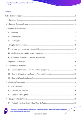 1
130
Sumário
Redes de Computadores ..........................................................................................................................8
1 - Conceitos Básicos.............................................................................................................................8
2 – Tipos de Conexão/Enlace.............................................................................................................11
3 – Modos de Transmissão..................................................................................................................13
3.1 – Simplex.....................................................................................................................................13
3.2 – Half-Duplex..............................................................................................................................13
3.3 – Full-Duplex...............................................................................................................................14
4 – Direções de Transmissão...............................................................................................................15
4.1 – Unicast [uni = um e cast = transmitir]....................................................................................15
4.2 – Multicast [multi = vários e cast = transmitir].........................................................................15
4.3 – Broadcast [broad = todos e cast = transmitir]......................................................................15
5 – Tipos de Codificação.....................................................................................................................16
6 – Classificação de Redes ..................................................................................................................21
6.1 – Quanto à Dimensão, Tamanho ou Área Geográfica...........................................................21
6.2 – Quanto à Arquitetura de Rede ou Forma de Interação......................................................27
6.3 – Quanto à Topologia (Layout).................................................................................................30
7 – Meios de Transmissão ...................................................................................................................34
7.1 – Cabo Coaxial ...........................................................................................................................35
7.2 – Cabo de Par Trançado............................................................................................................36
7.3 – Cabo de Fibra Óptica.............................................................................................................38
8 – Equipamentos de Redes ...............................................................................................................39
8.1 – Network Interface Card (NIC ou Placa de Rede)..................................................................39
Diego Carvalho, Thiago Rodrigues Cavalcanti
Aula 00
Informática p/ Polícia Federal (Agente) Com Videoaulas - 2020 - Pré-Edital (Preparação de A a Z)
www.estrategiaconcursos.com.br
0
00000000000 - DEMO
 