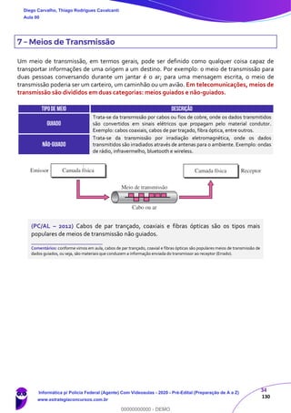 34
130
7 – Meios de Transmissão
Um meio de transmissão, em termos gerais, pode ser definido como qualquer coisa capaz de
transportar informações de uma origem a um destino. Por exemplo: o meio de transmissão para
duas pessoas conversando durante um jantar é o ar; para uma mensagem escrita, o meio de
transmissão poderia ser um carteiro, um caminhão ou um avião. Em telecomunicações, meios de
transmissão são divididos em duas categorias: meios guiados e não-guiados.
TIPODE MEIO DESCRIÇÃO
GUIADO
Trata-se da transmissão por cabos ou fios de cobre, onde os dados transmitidos
são convertidos em sinais elétricos que propagam pelo material condutor.
Exemplo: cabos coaxiais, cabos de par traçado, fibra óptica, entre outros.
NÃO-GUIADO
Trata-se da transmissão por irradiação eletromagnética, onde os dados
transmitidos são irradiados através de antenas para o ambiente. Exemplo: ondas
de rádio, infravermelho, bluetooth e wireless.
(PC/AL – 2012) Cabos de par trançado, coaxiais e fibras ópticas são os tipos mais
populares de meios de transmissão não guiados.
_______________________
Comentários: conforme vimos em aula, cabos de par trançado, coaxial e fibras ópticas são populares meios de transmissão de
dados guiados, ou seja, são materiais que conduzem a informação enviada do transmissor ao receptor (Errado).
Diego Carvalho, Thiago Rodrigues Cavalcanti
Aula 00
Informática p/ Polícia Federal (Agente) Com Videoaulas - 2020 - Pré-Edital (Preparação de A a Z)
www.estrategiaconcursos.com.br
0
00000000000 - DEMO
 