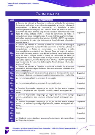 5
130
CRONOGRAMA
AULAS TÓPICOSABORDADOS DATA
Aula
00
1 Conceito de internet. 2 Conceitos e modos de utilização de tecnologias,
ferramentas, aplicativos e procedimentos associados a internet. 3 Redes de
computadores. 10 Redes de comunicação. 10.1 Introdução a redes
(computação/telecomunicações). 10.2 Camada física, de enlace de dados e
subcamada de acesso ao meio. 10.3 Noções básicas de transmissão de dados:
tipos de enlace, códigos, modos e meios de transmissão. 11 Redes de
computadores: locais, metropolitanas e de longa distância. 11.1 Terminologia e
aplicações, topologias, modelos de arquitetura (OSI/ISO e TCP/IP) e protocolos.
11.2 Interconexão de redes, nível de transporte. Transferência de informação e
arquivos (Parte 1).
Disponível
Aula
01
1 Conceito de internet. 2 Conceitos e modos de utilização de tecnologias,
ferramentas, aplicativos e procedimentos associados a internet. 3 Redes de
computadores. 10 Redes de comunicação. 10.1 Introdução a redes
(computação/telecomunicações). 10.2 Camada física, de enlace de dados e
subcamada de acesso ao meio. 10.3 Noções básicas de transmissão de dados:
tipos de enlace, códigos, modos e meios de transmissão. 11 Redes de
computadores: locais, metropolitanas e de longa distância. 11.1 Terminologia e
aplicações, topologias, modelos de arquitetura (OSI/ISO e TCP/IP) e protocolos.
11.2 Interconexão de redes, nível de transporte. Transferência de informação e
arquivos. (Parte 2).
Disponível
Aula
02
1 Conceito de intranet. 2 Conceitos e modos de utilização de tecnologias,
ferramentas, aplicativos e procedimentos associados a intranet. Ferramentas de
busca e de pesquisas.
Disponível
Aula
03
5 Computação na nuvem (cloud computing). Grupos de discussão e redes sociais
2.3. Acesso à distância a computadores, aplicativos de áudio, vídeo e multimídia
Disponível
Aula
04
2.1 Ferramentas e aplicativos comerciais de navegação. Disponível
Aula
05
2.1 Ferramentas e aplicativos comerciais de correio eletrônico. Disponível
Aula
06
4 Conceitos de proteção e segurança. 4.1 Noções de vírus, worms e pragas
virtuais. 4.2 Aplicativos para segurança (antivírus, firewall, anti-spyware etc.) -
Parte 1.
Disponível
Aula
07
4 Conceitos de proteção e segurança. 4.1 Noções de vírus, worms e pragas
virtuais. 4.2 Aplicativos para segurança (antivírus, firewall, anti-spyware etc.) -
Parte 2.
Disponível
Aula
08
4 Conceitos de proteção e segurança. 4.1 Noções de vírus, worms e pragas
virtuais. 4.2 Aplicativos para segurança (antivírus, firewall, anti-spyware etc.)
Parte 3.
Disponível
Aula
09
Backup. Disponível
Aula
10
RAID. Disponível
Aula
11
2.4 Edição de textos, planilhas e apresentações (ambientes Microsoft Office e
BrOffice) - Excel (Parte 1).
Disponível
Diego Carvalho, Thiago Rodrigues Cavalcanti
Aula 00
Informática p/ Polícia Federal (Agente) Com Videoaulas - 2020 - Pré-Edital (Preparação de A a Z)
www.estrategiaconcursos.com.br
0
00000000000 - DEMO
 