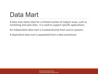 Data Mart
A data mart stores data for a limited number of subject areas, such as
marketing and sales data. It is used to support specific applications.
An independent data mart is created directly from source systems.
A dependent data mart is populated from a data warehouse.
KEYLABSTRAINING.COM
INFO@KEYLABSTRAINING.COM
 