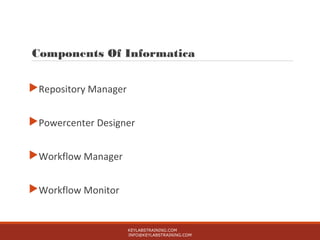 Components Of Informatica
Repository Manager
Powercenter Designer
Workflow Manager
Workflow Monitor
KEYLABSTRAINING.COM
INFO@KEYLABSTRAINING.COM
 