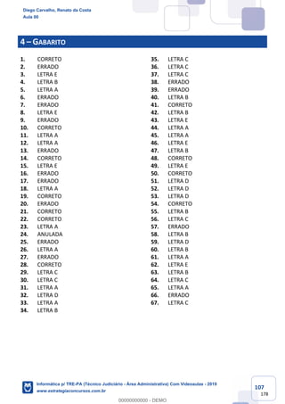 107
178
4 – GABARITO
1. CORRETO
2. ERRADO
3. LETRA E
4. LETRA B
5. LETRA A
6. ERRADO
7. ERRADO
8. LETRA E
9. ERRADO
10. CORRETO
11. LETRA A
12. LETRA A
13. ERRADO
14. CORRETO
15. LETRA E
16. ERRADO
17. ERRADO
18. LETRA A
19. CORRETO
20. ERRADO
21. CORRETO
22. CORRETO
23. LETRA A
24. ANULADA
25. ERRADO
26. LETRA A
27. ERRADO
28. CORRETO
29. LETRA C
30. LETRA C
31. LETRA A
32. LETRA D
33. LETRA A
34. LETRA B
35. LETRA C
36. LETRA C
37. LETRA C
38. ERRADO
39. ERRADO
40. LETRA B
41. CORRETO
42. LETRA B
43. LETRA E
44. LETRA A
45. LETRA A
46. LETRA E
47. LETRA B
48. CORRETO
49. LETRA E
50. CORRETO
51. LETRA D
52. LETRA D
53. LETRA D
54. CORRETO
55. LETRA B
56. LETRA C
57. ERRADO
58. LETRA B
59. LETRA D
60. LETRA B
61. LETRA A
62. LETRA E
63. LETRA B
64. LETRA C
65. LETRA A
66. ERRADO
67. LETRA C
Diego Carvalho, Renato da Costa
Aula 00
Informática p/ TRE-PA (Técnico Judiciário - Área Administrativa) Com Videoaulas - 2019
www.estrategiaconcursos.com.br
0
00000000000 - DEMO
 