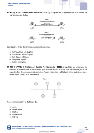 96
178
31.(FGV / AL-MT / Técnico em Informática - 2013) As figuras I e II representam dois modos de
transmissão de dados.
Os modos I e II são denominados, respectivamente,
a) half-duplex e full-duplex.
b) full-duplex e half-duplex.
c) full-duplex e biplex.
d) simplex e biplex.
e) biplex e simplex.
32.(FCC / SPPREV / Analista em Gestão Previdenciária - 2012) A topologia de uma rede de
comunicação refere-se à forma com que os enlaces físicos e os nós de comutação estão
organizados, determinando os caminhos físicos existentes e utilizáveis entre quaisquer pares
de estações conectadas a essa rede.
A denominação correta da Figura 1 é:
a) Anel.
b) Hierárquica
c) Malha
d) Barramento
e) Estrela
Diego Carvalho, Renato da Costa
Aula 00
Informática p/ TRE-PA (Técnico Judiciário - Área Administrativa) Com Videoaulas - 2019
www.estrategiaconcursos.com.br
0
00000000000 - DEMO
 