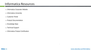 Slide 11 www.edureka.co/informatica
Informatica Resources
 Informatica Corporate Website
 Informatica University
 Customer Portal
 Product Documentation
 Knowledge Base
 Technical Support
 Informatica Product Certification
 