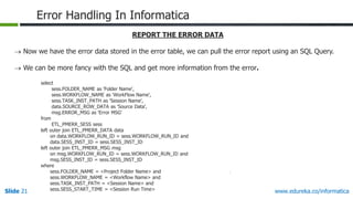 Slide 21 www.edureka.co/informatica
Error Handling In Informatica
REPORT THE ERROR DATA
 Now we have the error data stored in the error table, we can pull the error report using an SQL Query.
 We can be more fancy with the SQL and get more information from the error.
select
sess.FOLDER_NAME as 'Folder Name',
sess.WORKFLOW_NAME as 'WorkFlow Name',
sess.TASK_INST_PATH as 'Session Name',
data.SOURCE_ROW_DATA as 'Source Data',
msg.ERROR_MSG as 'Error MSG'
from
ETL_PMERR_SESS sess
left outer join ETL_PMERR_DATA data
on data.WORKFLOW_RUN_ID = sess.WORKFLOW_RUN_ID and
data.SESS_INST_ID = sess.SESS_INST_ID
left outer join ETL_PMERR_MSG msg
on msg.WORKFLOW_RUN_ID = sess.WORKFLOW_RUN_ID and
msg.SESS_INST_ID = sess.SESS_INST_ID
where
sess.FOLDER_NAME = <Project Folder Name> and
sess.WORKFLOW_NAME = <Workflow Name> and
sess.TASK_INST_PATH = <Session Name> and
sess.SESS_START_TIME = <Session Run Time>
 