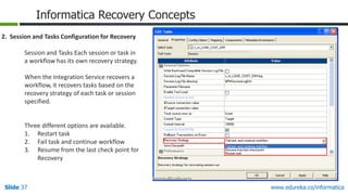 Slide 37 www.edureka.co/informatica
Informatica Recovery Concepts
2. Session and Tasks Configuration for Recovery
Session and Tasks Each session or task in
a workflow has its own recovery strategy.
When the Integration Service recovers a
workflow, it recovers tasks based on the
recovery strategy of each task or session
specified.
Three different options are available.
1. Restart task
2. Fail task and continue workflow
3. Resume from the last check point for
Recovery
 