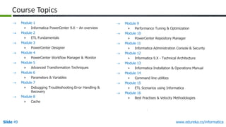 Slide 49 www.edureka.co/informatica
 Module 9
» Performance Tuning & Optimization
 Module 10
» PowerCenter Repository Manager
 Module 11
» Informatica Administration Console & Security
 Module 12
» Informatica 9.X - Technical Architecture
 Module 13
» Informatica Installation & Operations Manual
 Module 14
» Command line utilities
 Module 15
» ETL Scenarios using Informatica
 Module 16
» Best Practises & Velocity Methodologies
 Module 1
» Informatica PowerCenter 9.X – An overview
 Module 2
» ETL Fundamentals
 Module 3
» PowerCenter Designer
 Module 4
» PowerCenter Workflow Manager & Monitor
 Module 5
» Advanced Transformation Techniques
 Module 6
» Parameters & Variables
 Module 7
» Debugging Troubleshooting Error Handling &
Recovery
 Module 8
» Cache
Course Topics
 