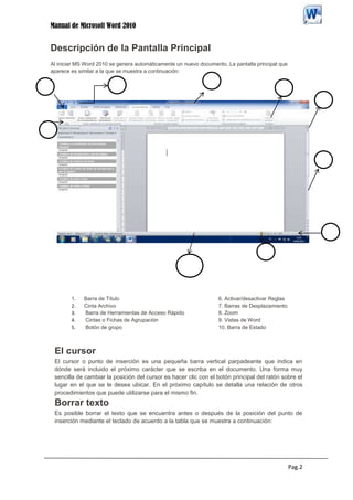 Manual de Microsoft Word 2010


    Descripción de la Pantalla Principal
    Al iniciar MS Word 2010 se genera automáticamente un nuevo documento. La pantalla principal que
    aparece es similar a la que se muestra a continuación:
                                                                   1
2                             3                                                                  5
                                                                                                              6



4



                                                                                                              7




                                                                                                                  8


                                                                                         9
                                                          100




            1.   Barra de Título                                       6. Activar/desactivar Reglas
            2.   Cinta Archivo                                         7. Barras de Desplazamiento
            3.   Barra de Herramientas de Acceso Rápido                8. Zoom
            4.   Cintas o Fichas de Agrupación                         9. Vistas de Word
            5.   Botón de grupo                                        10. Barra de Estado



     El cursor
     El cursor o punto de inserción es una pequeña barra vertical parpadeante que indica en
     dónde será incluido el próximo carácter que se escriba en el documento. Una forma muy
     sencilla de cambiar la posición del cursor es hacer clic con el botón principal del ratón sobre el
     lugar en el que se le desea ubicar. En el próximo capítulo se detalla una relación de otros
     procedimientos que puede utilizarse para el mismo fin.
     Borrar texto
     Es posible borrar el texto que se encuentra antes o después de la posición del punto de
     inserción mediante el teclado de acuerdo a la tabla que se muestra a continuación:




                                                                                                      Pag.2
 