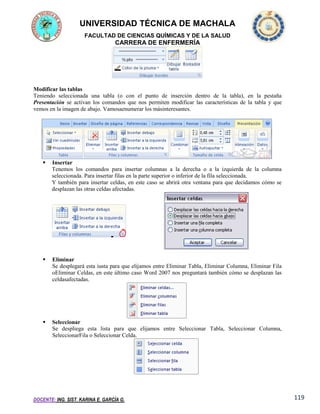 UNIVERSIDAD TÉCNICA DE MACHALA
FACULTAD DE CIENCIAS QUÍMICAS Y DE LA SALUD

CARRERA DE ENFERMERÍA

Modificar las tablas
Teniendo seleccionada una tabla (o con el punto de inserción dentro de la tabla), en la pestaña
Presentación se activan los comandos que nos permiten modificar las características de la tabla y que
vemos en la imagen de abajo. Vamosaenumerar los másinteresantes.



Insertar
Tenemos los comandos para insertar columnas a la derecha o a la izquierda de la columna
seleccionada. Para insertar filas en la parte superior o inferior de la fila seleccionada.
Y también para insertar celdas, en este caso se abrirá otra ventana para que decidamos cómo se
desplazan las otras celdas afectadas.



Eliminar
Se desplegará esta iusta para que elijamos entre Eliminar Tabla, Eliminar Columna, Eliminar Fila
oEliminar Celdas, en este último caso Word 2007 nos preguntará también cómo se desplazan las
celdasafectadas.



Seleccionar
Se despliega esta lista para que elijamos entre Seleccionar Tabla, Seleccionar Columna,
SeleccionarFila o Seleccionar Celda.

DOCENTE: ING. SIST. KARINA E. GARCÍA G.

119

 