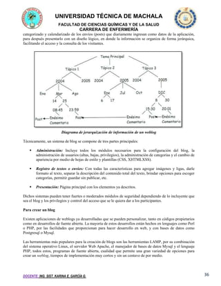 UNIVERSIDAD TÉCNICA DE MACHALA
FACULTAD DE CIENCIAS QUÍMICAS Y DE LA SALUD

CARRERA DE ENFERMERÍA
categorizado y calendarizado de los envíos (posts) que diariamente ingresan como datos de la aplicación,
para después presentarlo con un diseño lógico, en donde la información se organiza de forma jerárquica,
facilitando el acceso y la consulta de los visitantes.

Diagrama de jerarquización de información de un weblog
Técnicamente, un sistema de blog se compone de tres partes principales:


Administración: Incluye todos los módulos necesarios para la configuración del blog, la
administración de usuarios (altas, bajas, privilegios), la administración de categorías y el cambio de
apariencia por medio de hojas de estilo y plantillas (CSS, XHTMLXSS).



Registro de textos o envíos: Con todas las características para agregar imágenes y ligas, darle
formato al texto, separar la descripción del contenido total del texto, brindar opciones para escoger
categorías, permitir guardar sin publicar, etc.



Presentación: Página principal con los elementos ya descritos.

Dichos sistemas pueden tener fuertes o moderados módulos de seguridad dependiendo de lo incluyente que
sea el blog y los privilegios y control del acceso que se le quiera dar a los participantes.
Para crear un blog
Existen aplicaciones de weblogs ya desarrolladas que se pueden personalizar, tanto en códigos propietarios
como en desarrollos de fuente abierta. La mayoría de estos desarrollos están hechos en lenguajes como Perl
o PHP, por las facilidades que proporcionan para hacer desarrollo en web, y con bases de datos como
Postgresql o Mysql.
Las herramientas más populares para la creación de blogs son las herramientas LAMP, por su combinación
del sistema operativo Linux, el servidor Web Apache, el manejador de bases de datos Mysql y el lenguaje
PHP, todos estos, programas de fuente abierta, cualidad que permite una gran variedad de opciones para
crear un weblog, tiempos de implementación muy cortos y sin un centavo de por medio.

DOCENTE: ING. SIST. KARINA E. GARCÍA G.

36

 