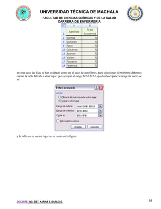 UNIVERSIDAD TÉCNICA DE MACHALA
FACULTAD DE CIENCIAS QUÍMICAS Y DE LA SALUD

CARRERA DE ENFERMERÍA

en este caso las filas se han ocultado como en el caso de autofiltros, para solucionar el problema debemos
copiar la tabla filtrada a otro lugar, por ejemplo al rango $E$1:$F$1, quedando el panel emergente como se
ve

y la tabla en su nuevo lugar se ve como en la figura

DOCENTE: ING. SIST. KARINA E. GARCÍA G.

84

 